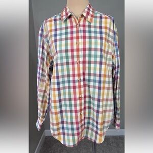 Vintage Liz Sport Rainbow Gingham Plaid Cotton Button Up Top Women's L